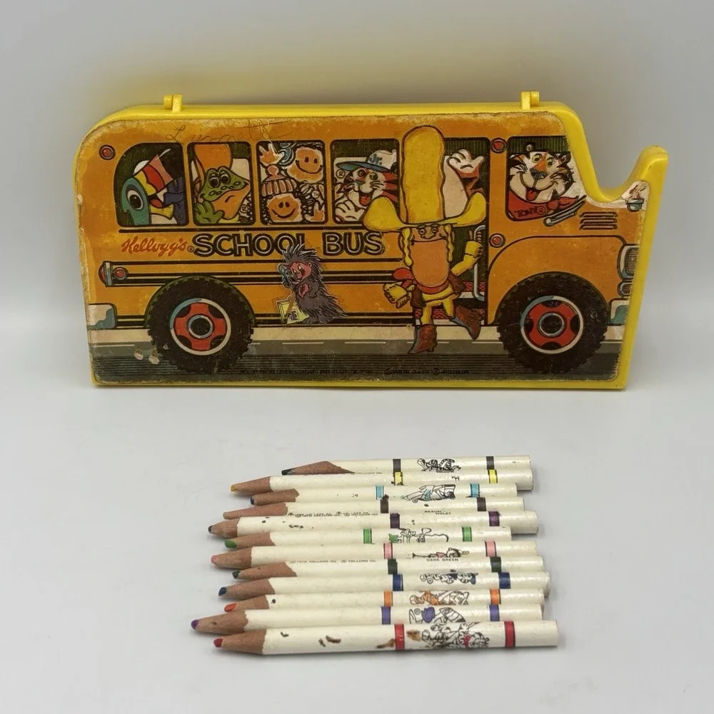 Vintage 1978 Kellogg's Yellow School Bus Pencil‎ Case With Pencils
